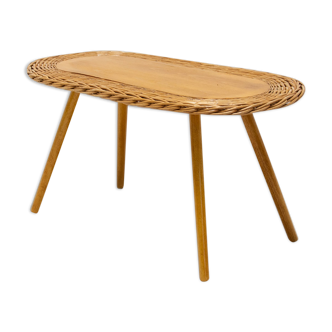 Table d'appoint en rotin du milieu du siècle par Jan Kalous pour ÚLUV, années 1960, Tchécoslovaquie