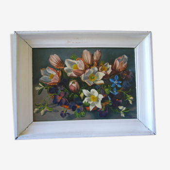 Ancient painting signed bouquet of flowers