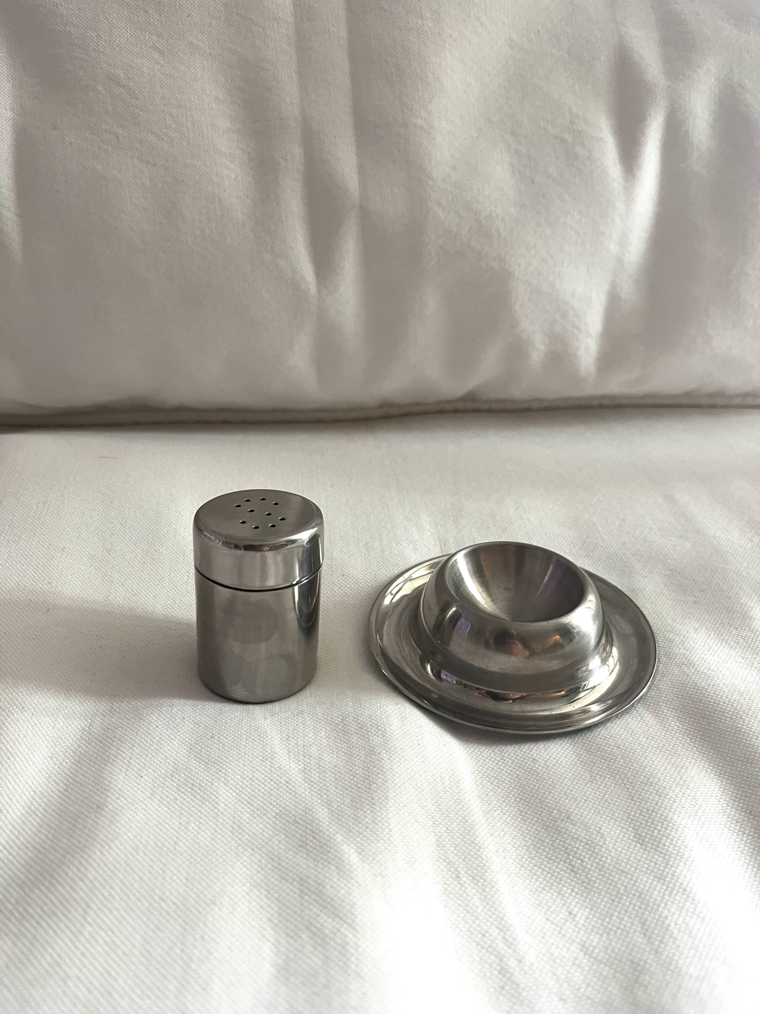 Vintage stainless steel egg cup and salt shaker – minimalist duo