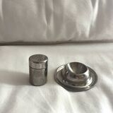 Vintage stainless steel egg cup and salt shaker – minimalist duo