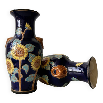 Duo of sunflower neck vases, earthenware vase with Asian inspirations.