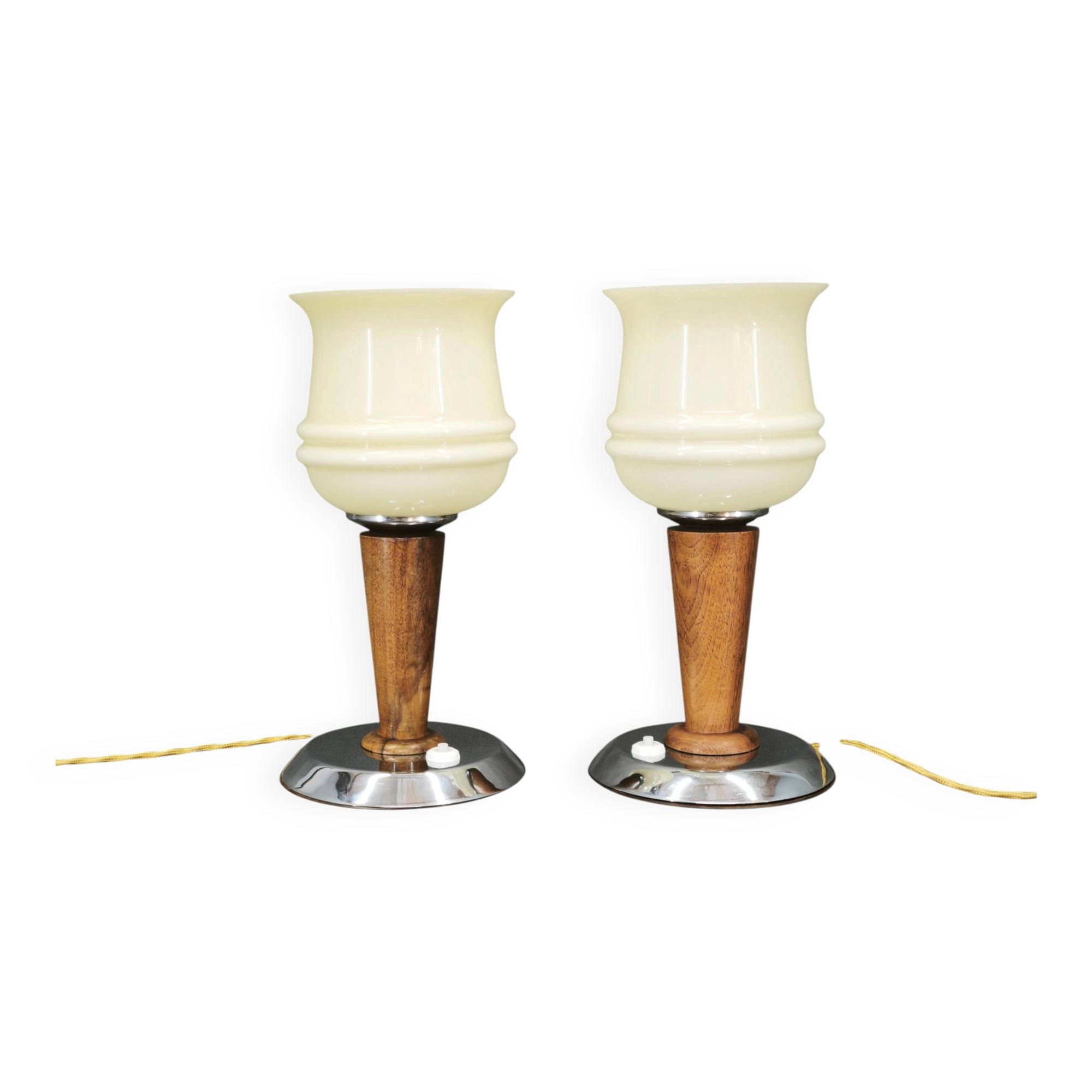 Pair of Italian Opaline Glass, Wood and Chrome Table Lamps, 1950s