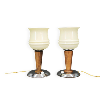 Pair of Italian Opaline Glass, Wood and Chrome Table Lamps, 1950s