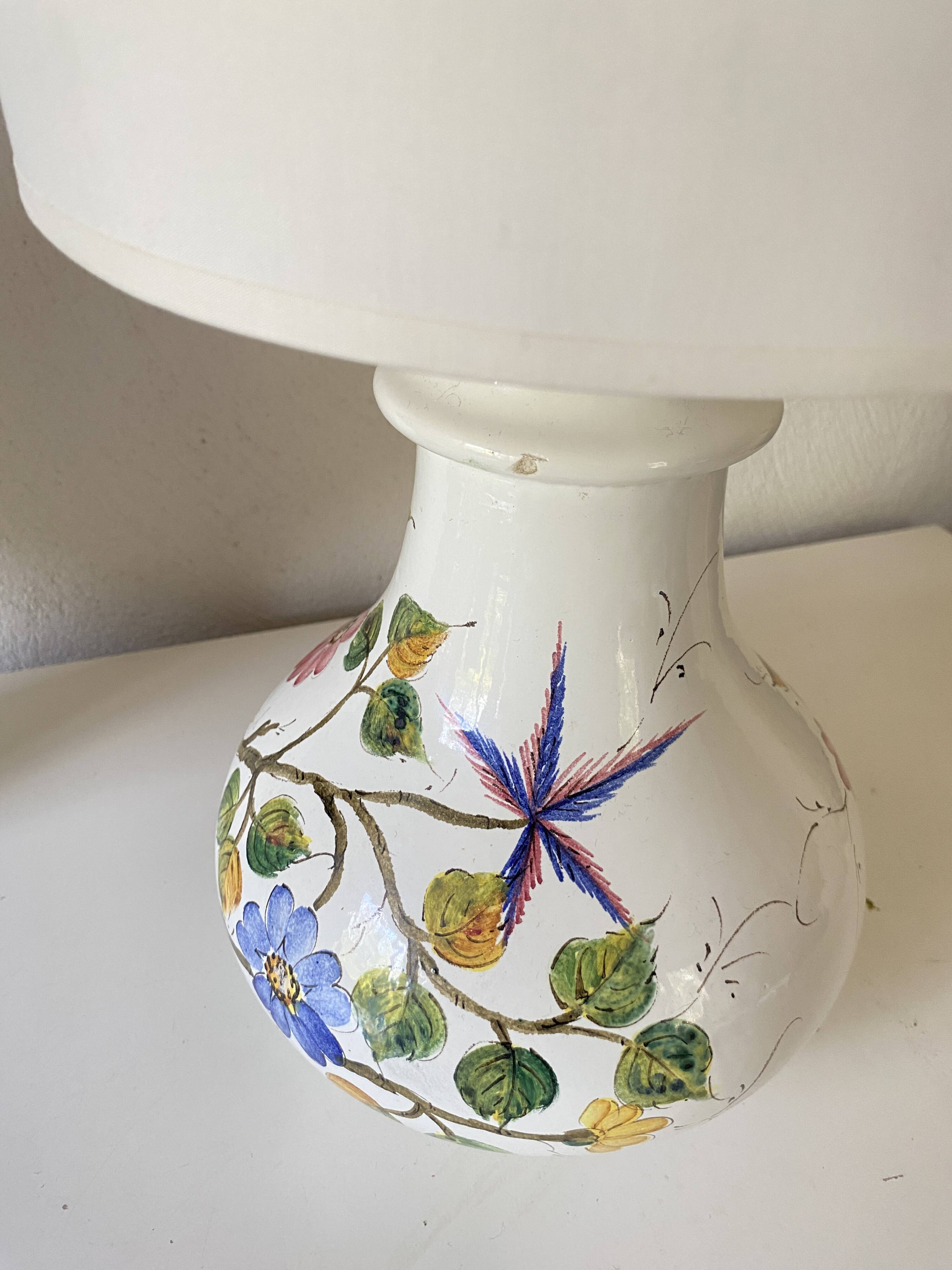 Painted ceramic lamp, cotton shade