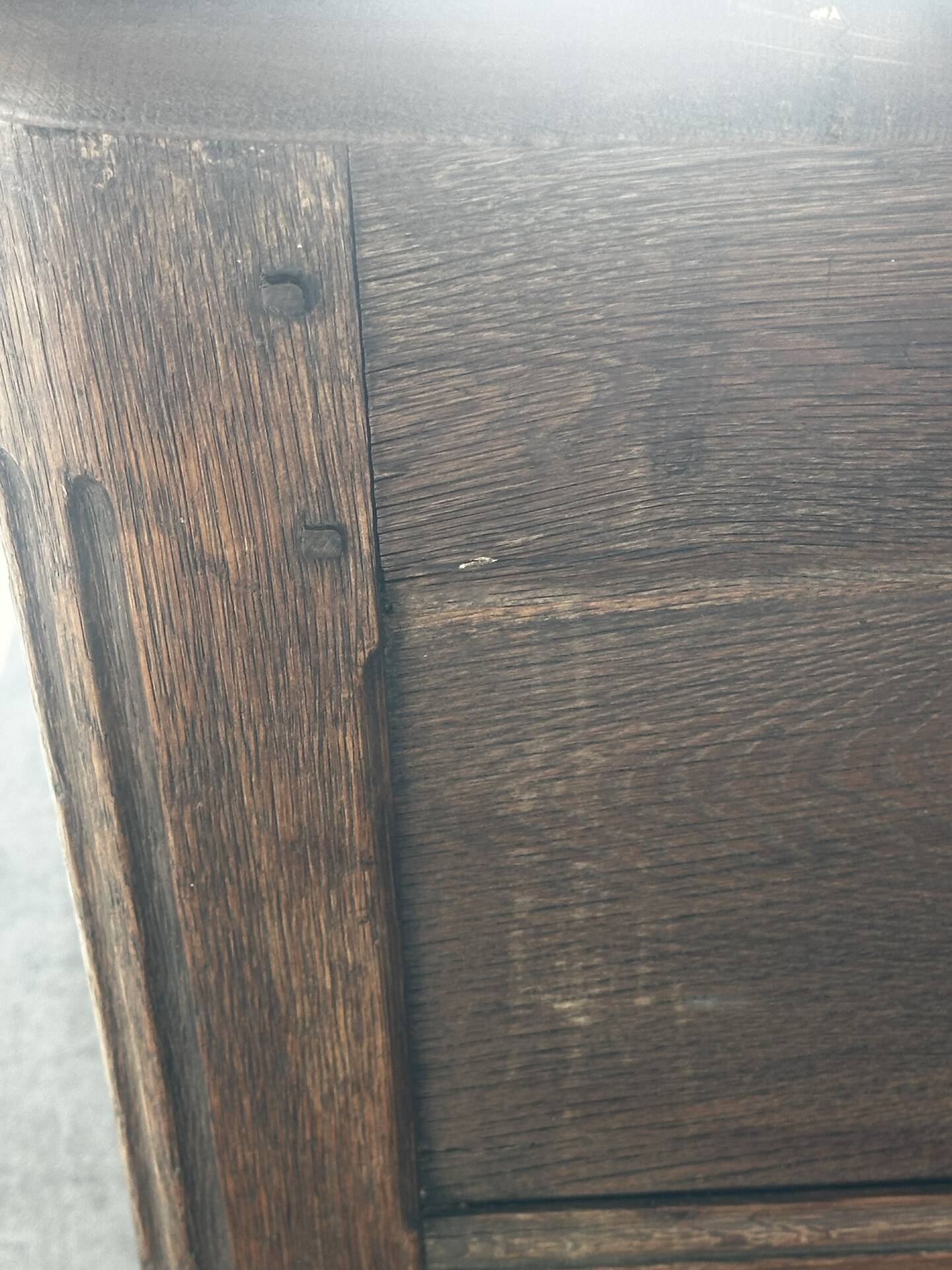 French provincial chest in carved and pegged solid oak, 18th century.