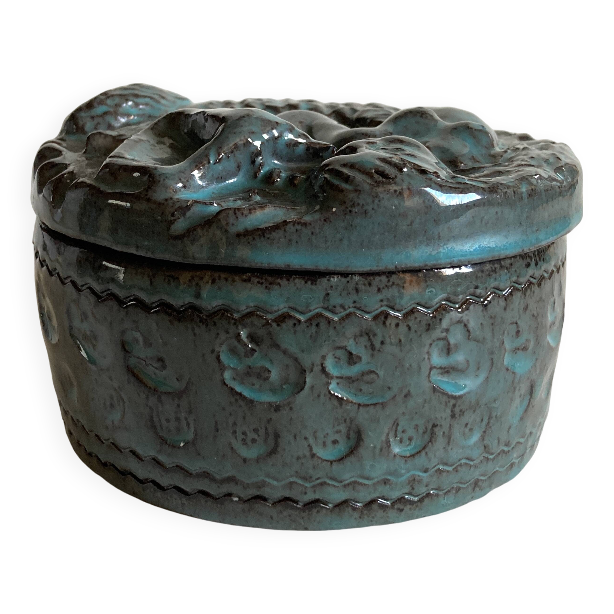 Green-blue enameled ceramic (stoneware) candy box with mermaid decoration, mid-20th century