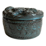 Green-blue enameled ceramic (stoneware) candy box with mermaid decoration, mid-20th century