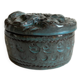Green-blue enameled ceramic (stoneware) candy box with mermaid decoration, mid-20th century