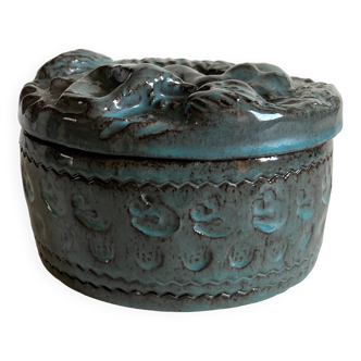 Green-blue enameled ceramic (stoneware) candy box with mermaid decoration, mid-20th century
