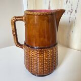 Old vintage ceramic pitcher or jug from Sarreguemines France Brown and pink interior, imitation basket