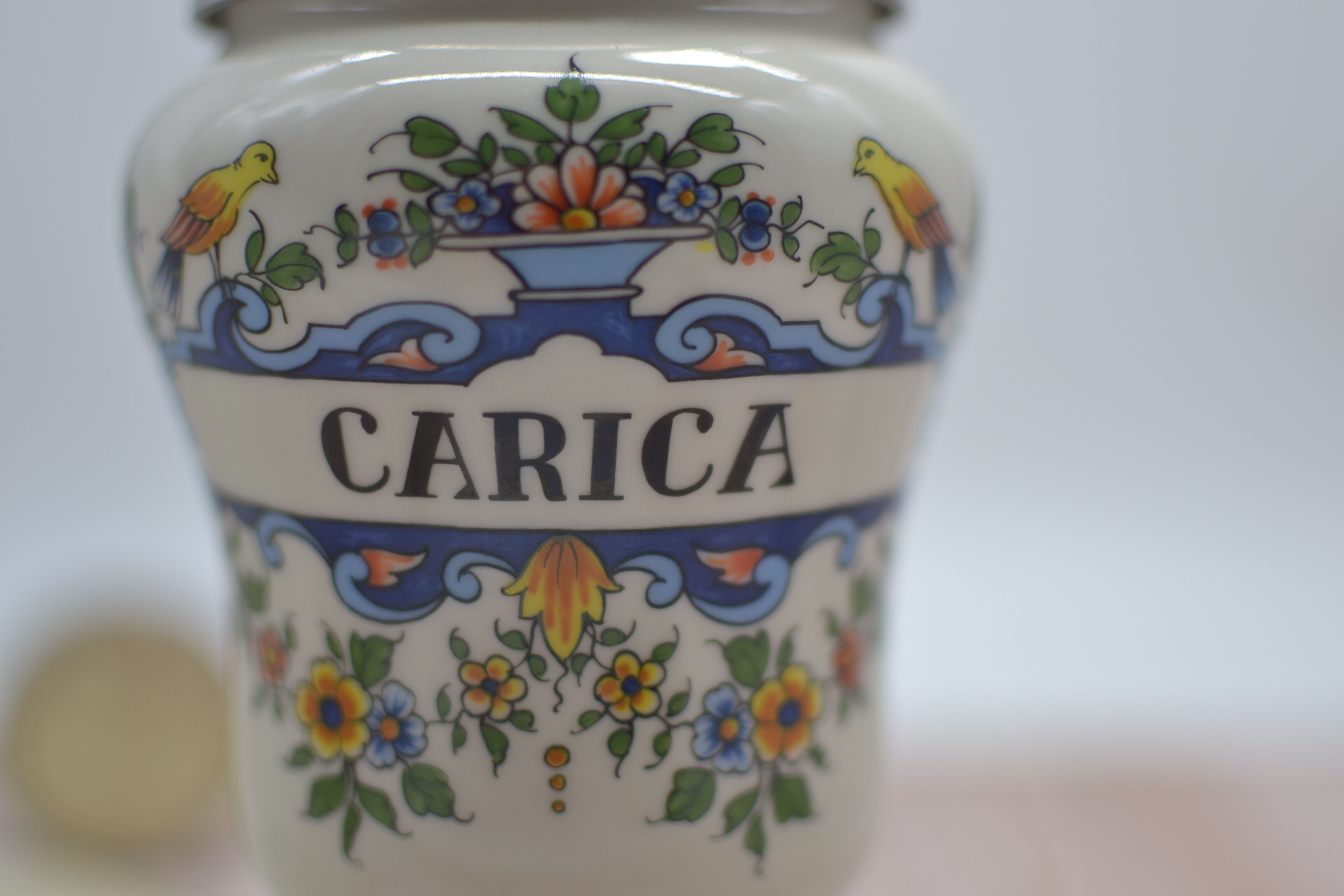 Old carica pharmacy apothecary pot with lid and tin foot