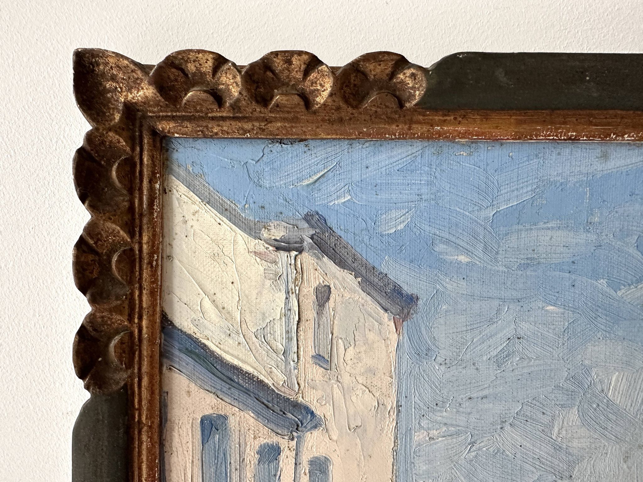 Oil on canvas of a French village "Bavay" 1928, landscape signed and framed.