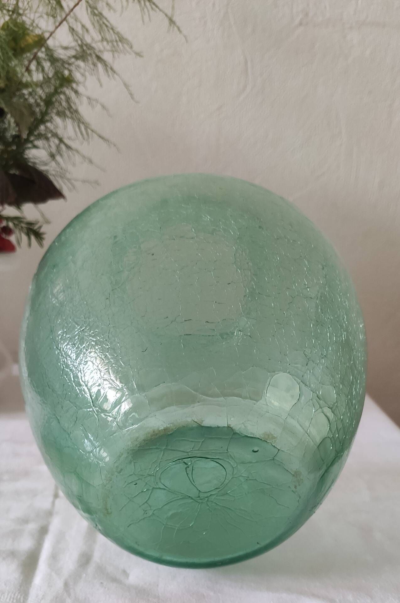 Cracked glass round vase in water green, 19 cm