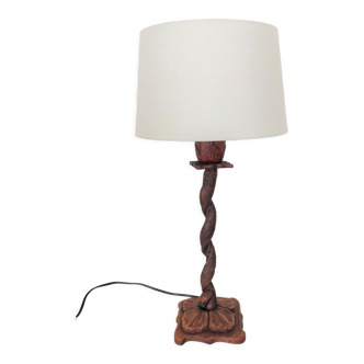 Brutalist wooden lamp and fabric lampshade / 40s-50s