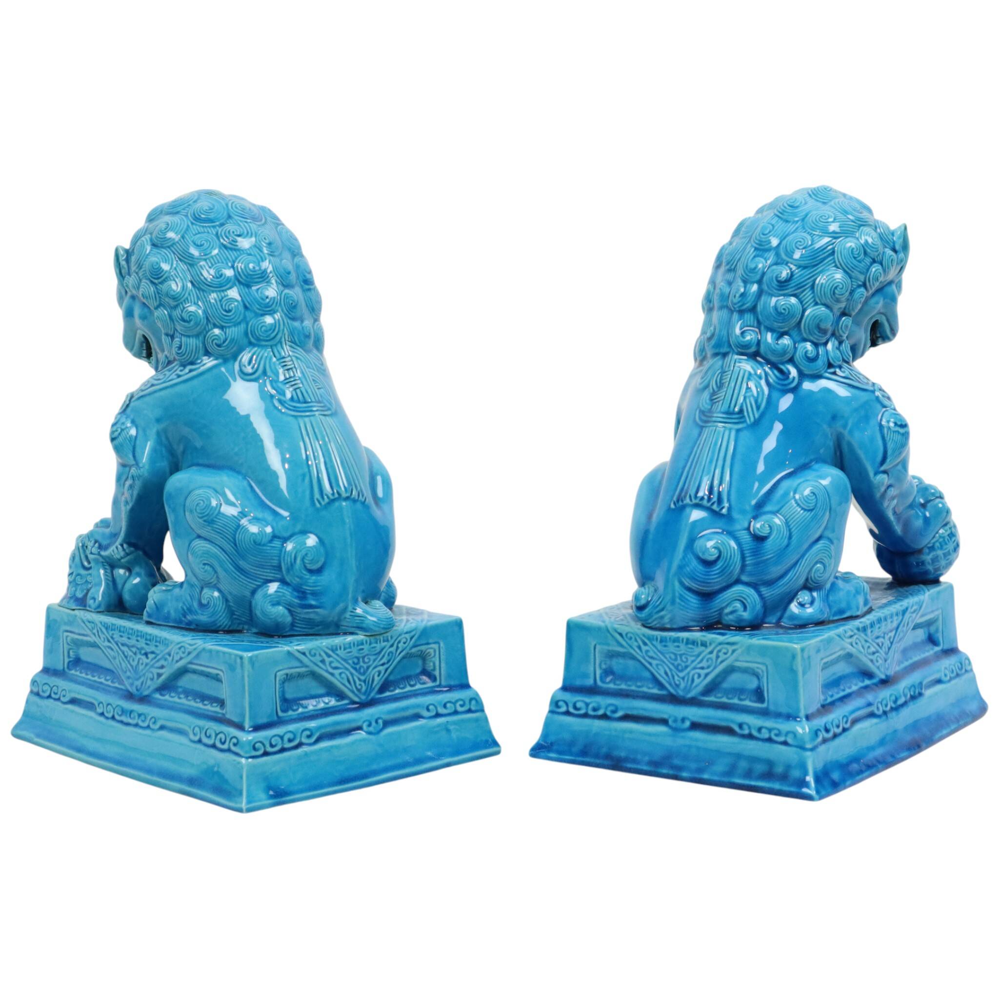 Large Temple Lion Statues Foo Dogs Blue Porcelain 25cm
