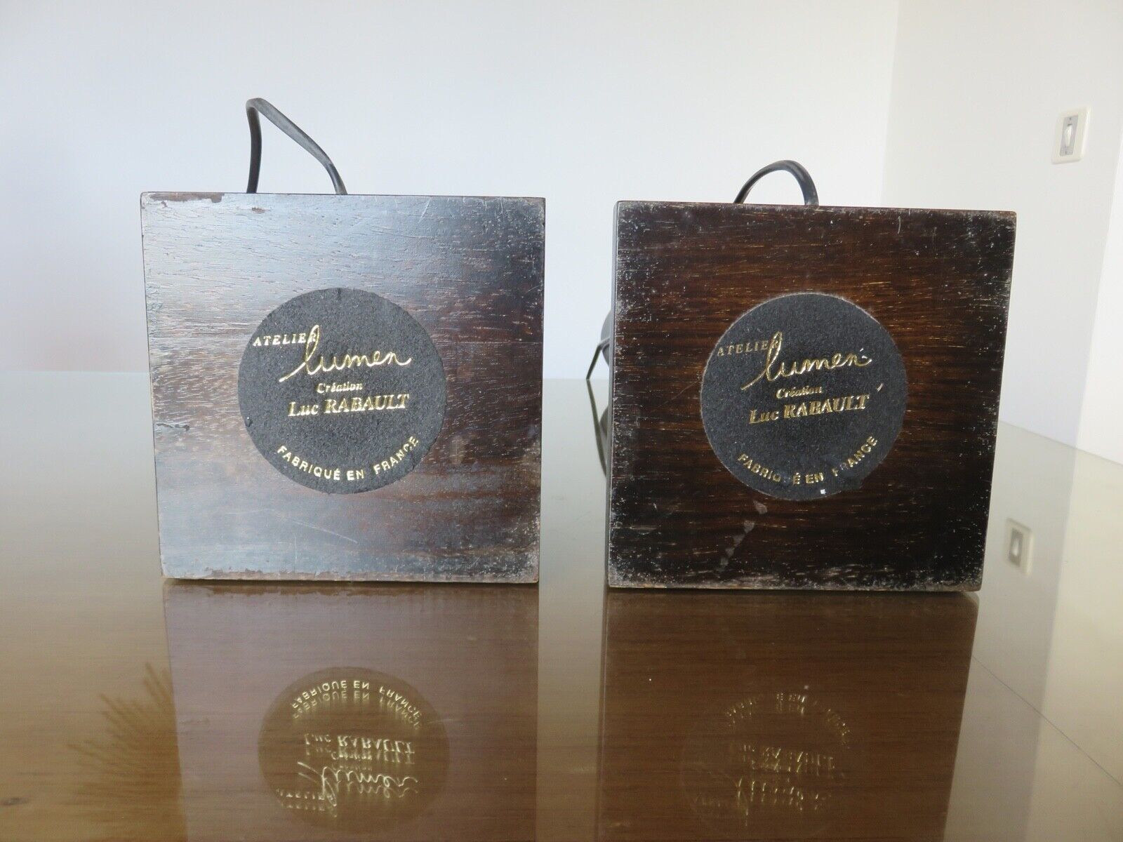 Pair of wooden diabolo lamps workshop lumen 80s