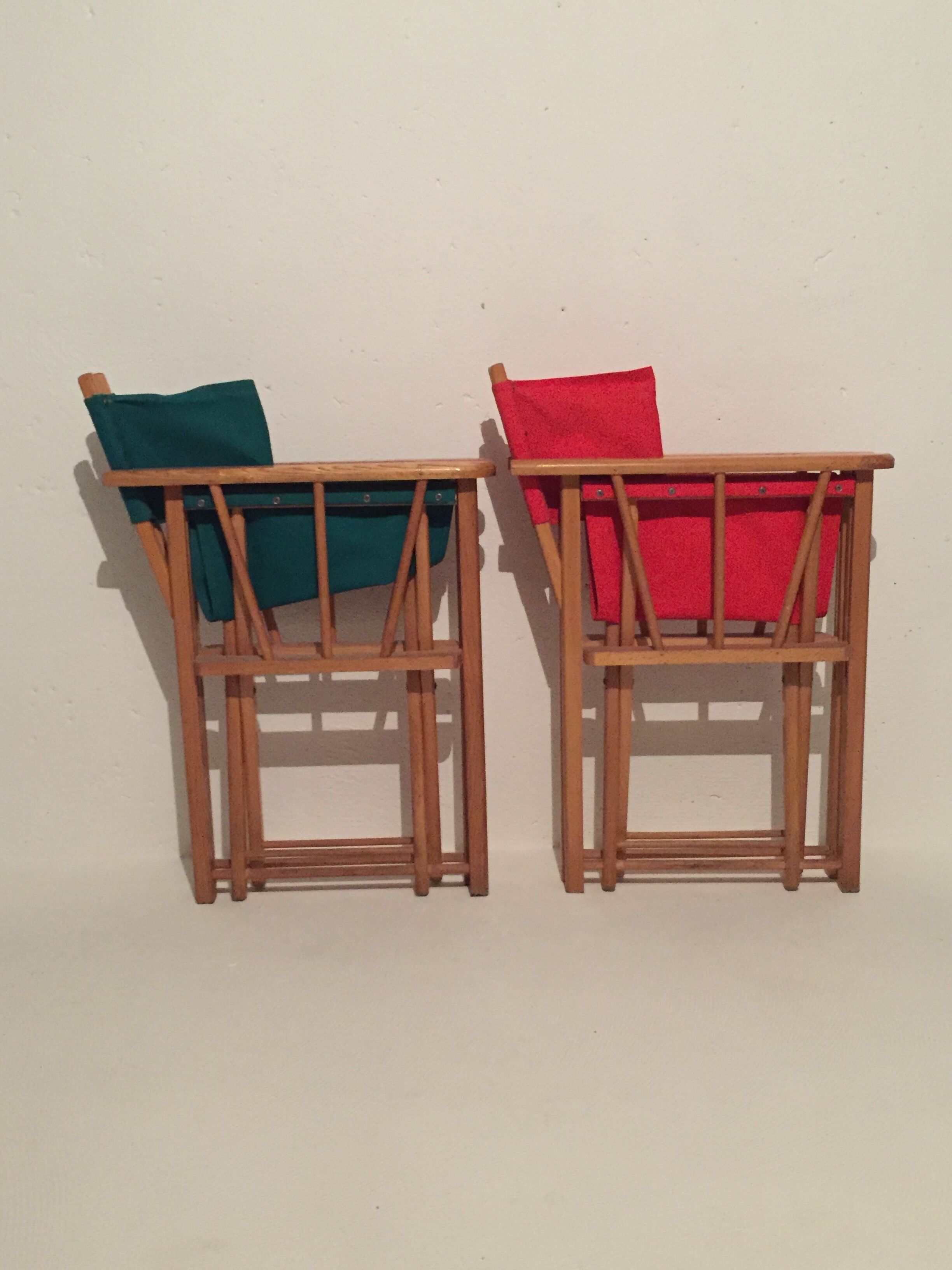 Pair of folding chairs in wood and vintage canvas, 1970s