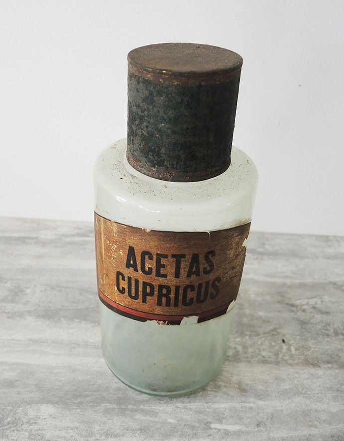 Old pharmacy jar, apothecary bottle acetas cupricus
