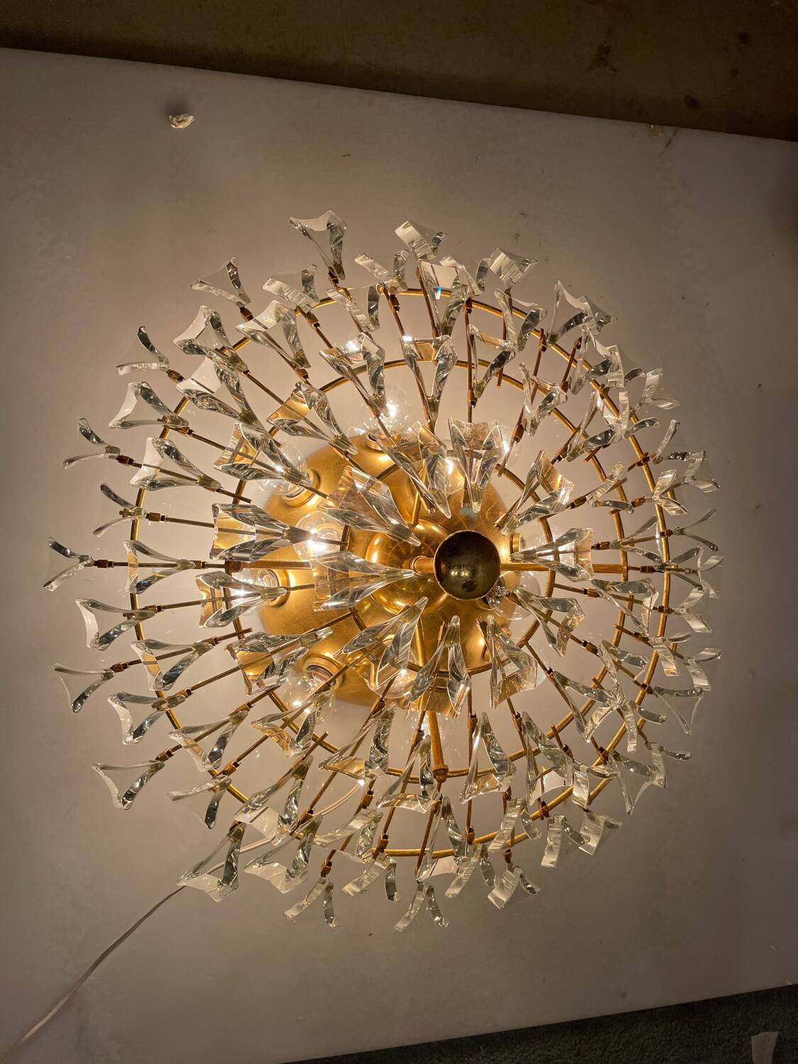 Large Brass Crystal Flushmount by Stilkronen Italy 1970’s