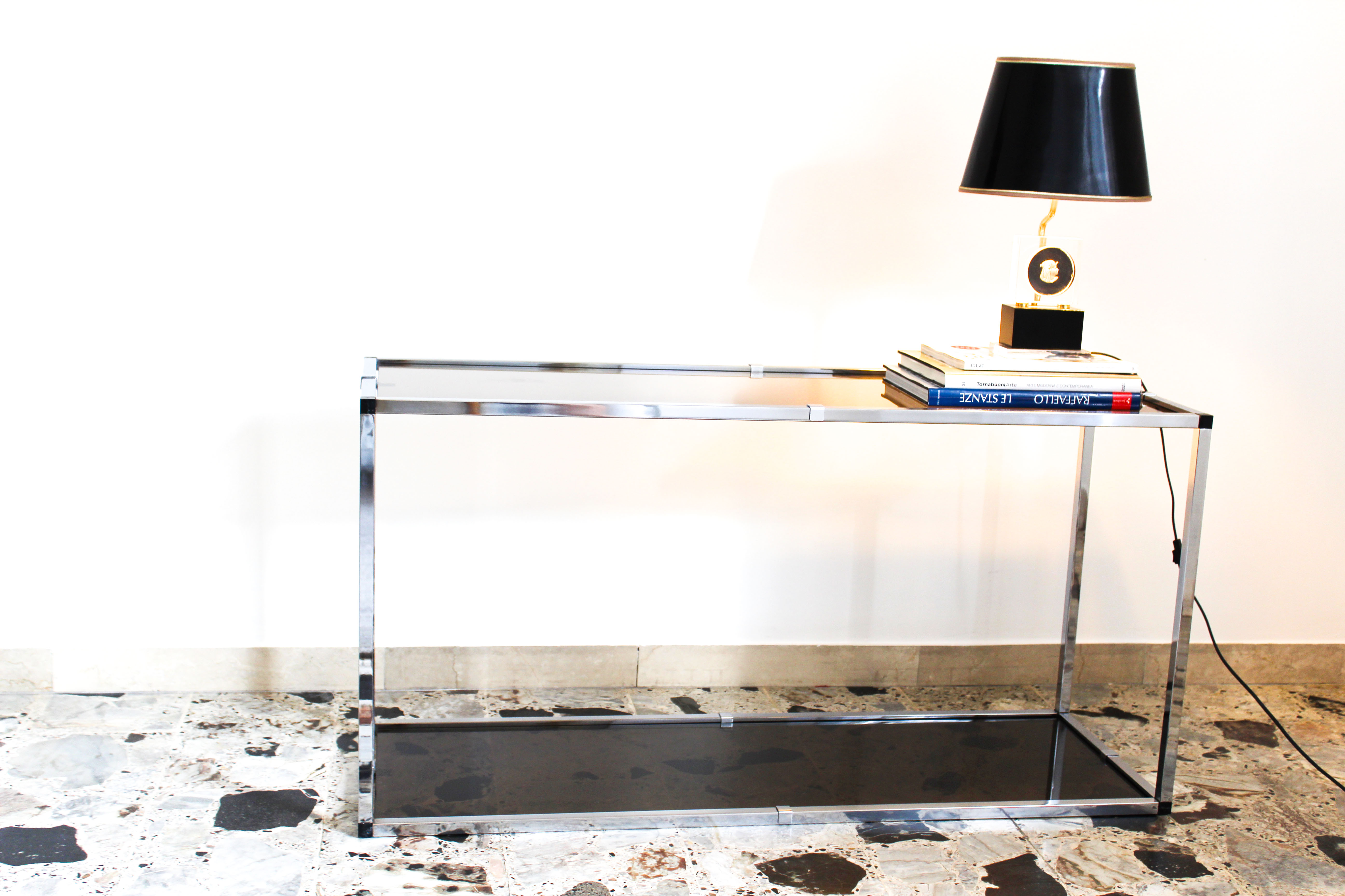 Console in chromed metal and smoked glass, Italy 70's