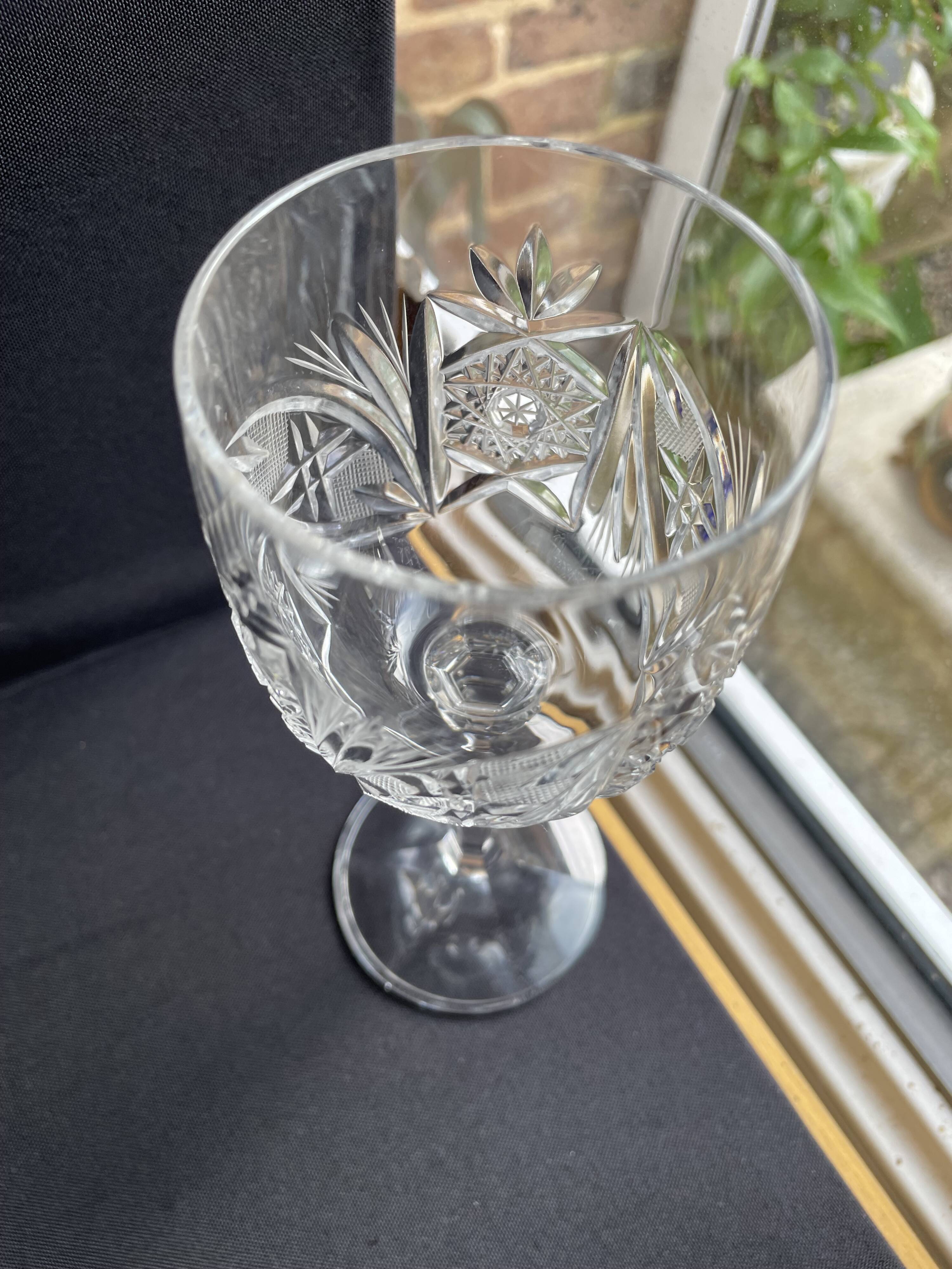 10 Bohemian cut crystal wine glasses
