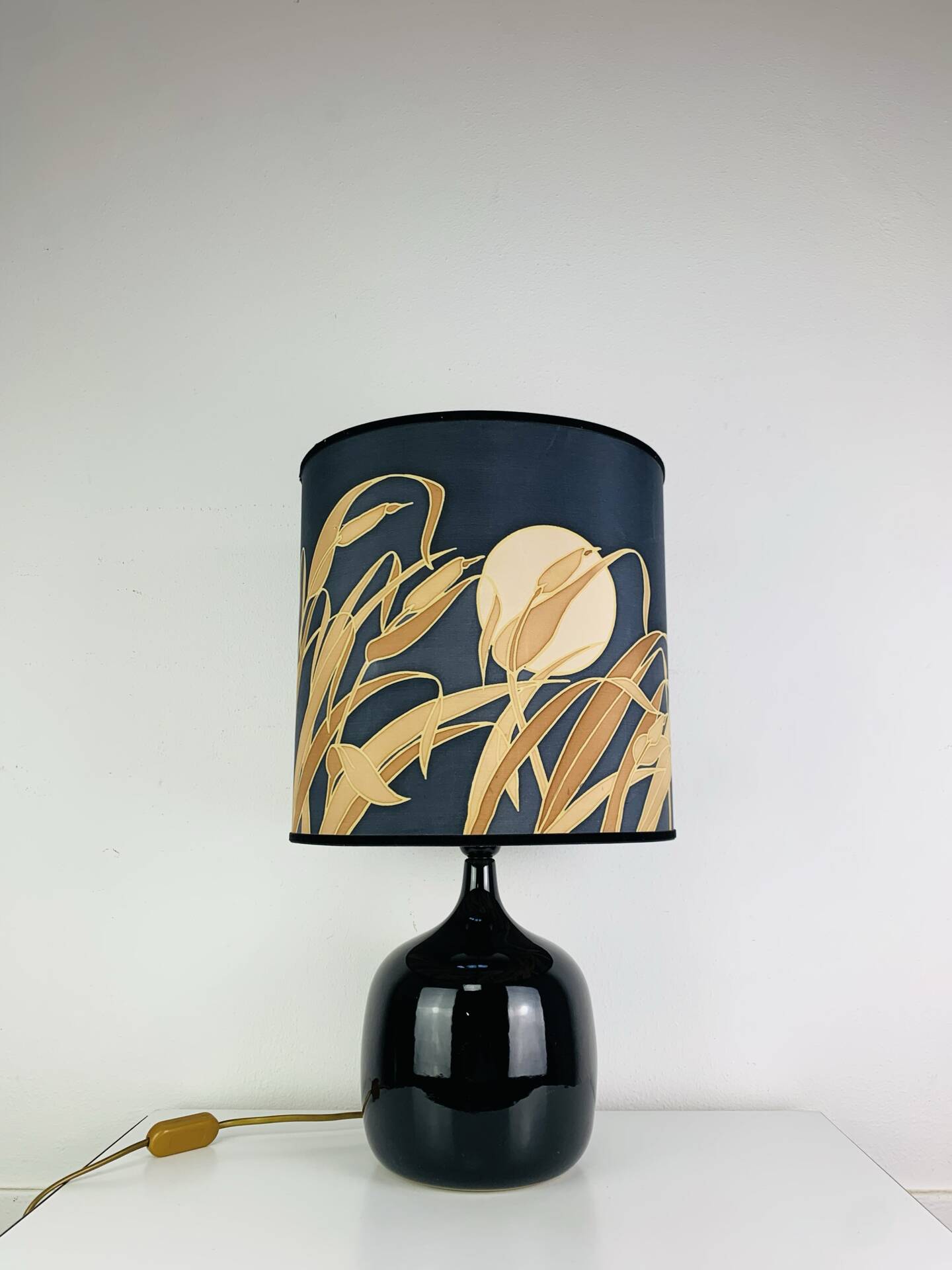 "Fig" lamp, black ceramic and silk shade, 1960s.