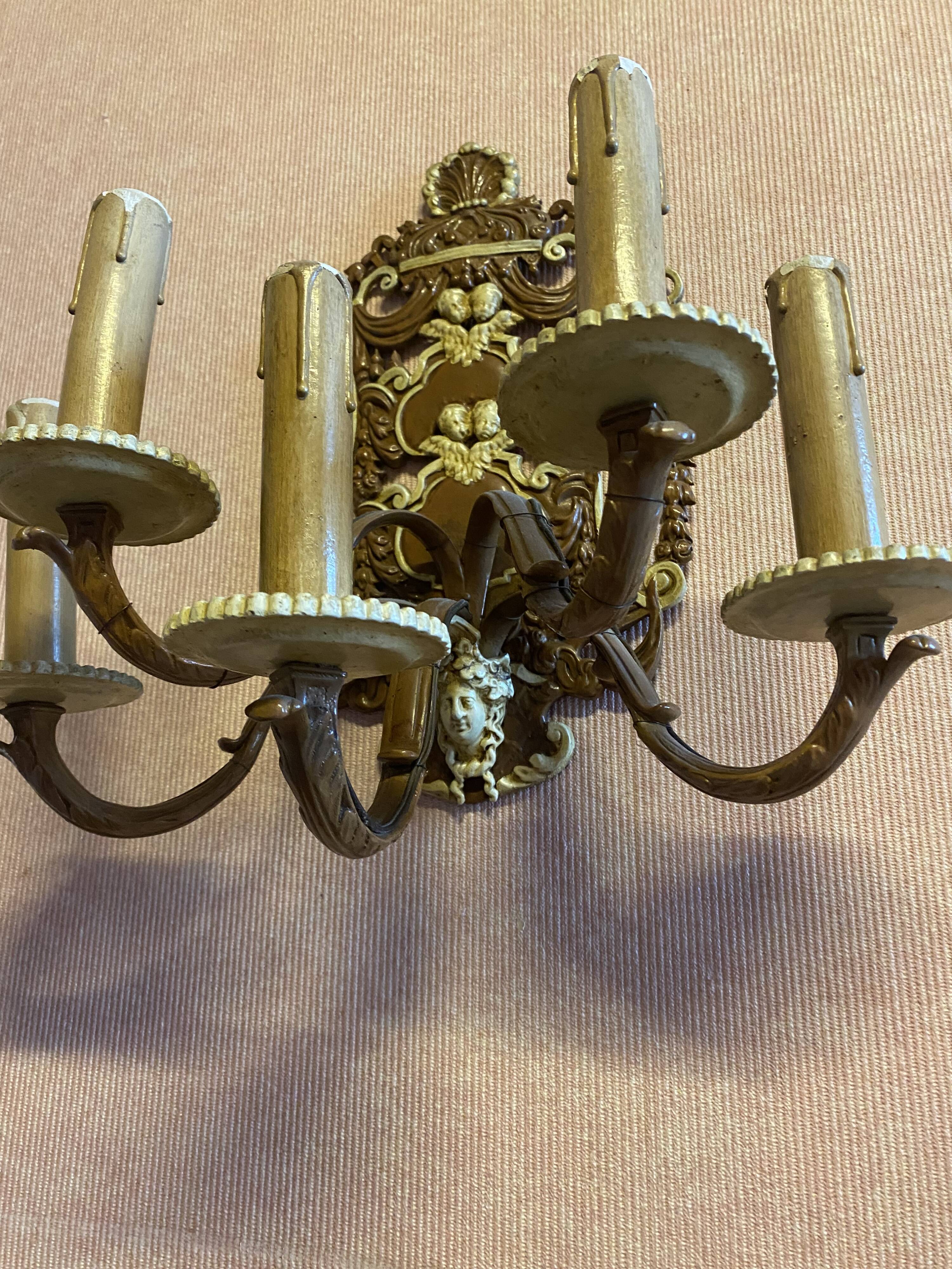 Pair of Regency 5-burner wall lamps, painted in 2 tones.