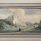 Watercolor painting around 1870 "The ballad" signed with Marie Louise