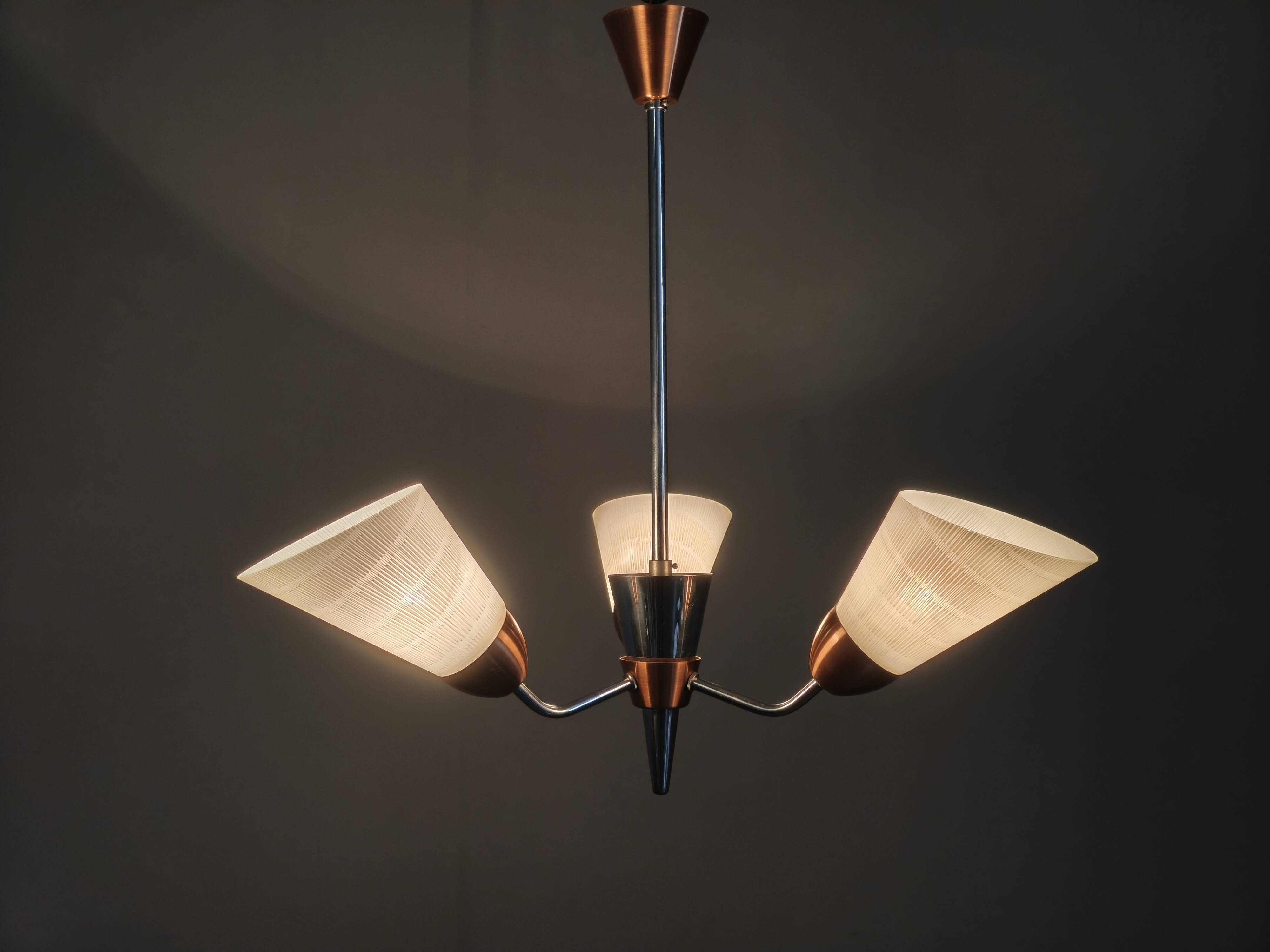 Mid-Century Pendant Light, Copper and Chrome, Czechoslovakia, 1970s