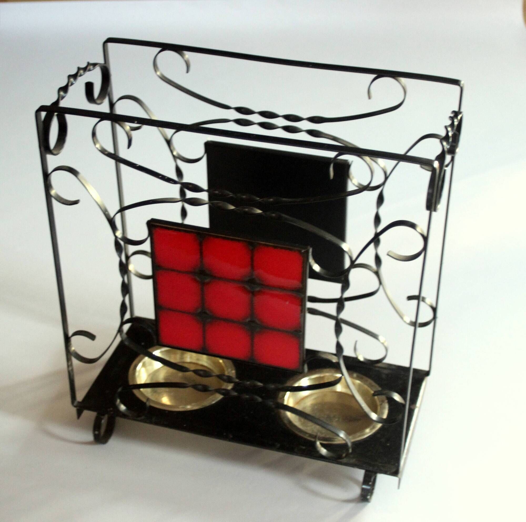 Handmade umbrella stand made of wrought iron, metal and ceramic, Vintage