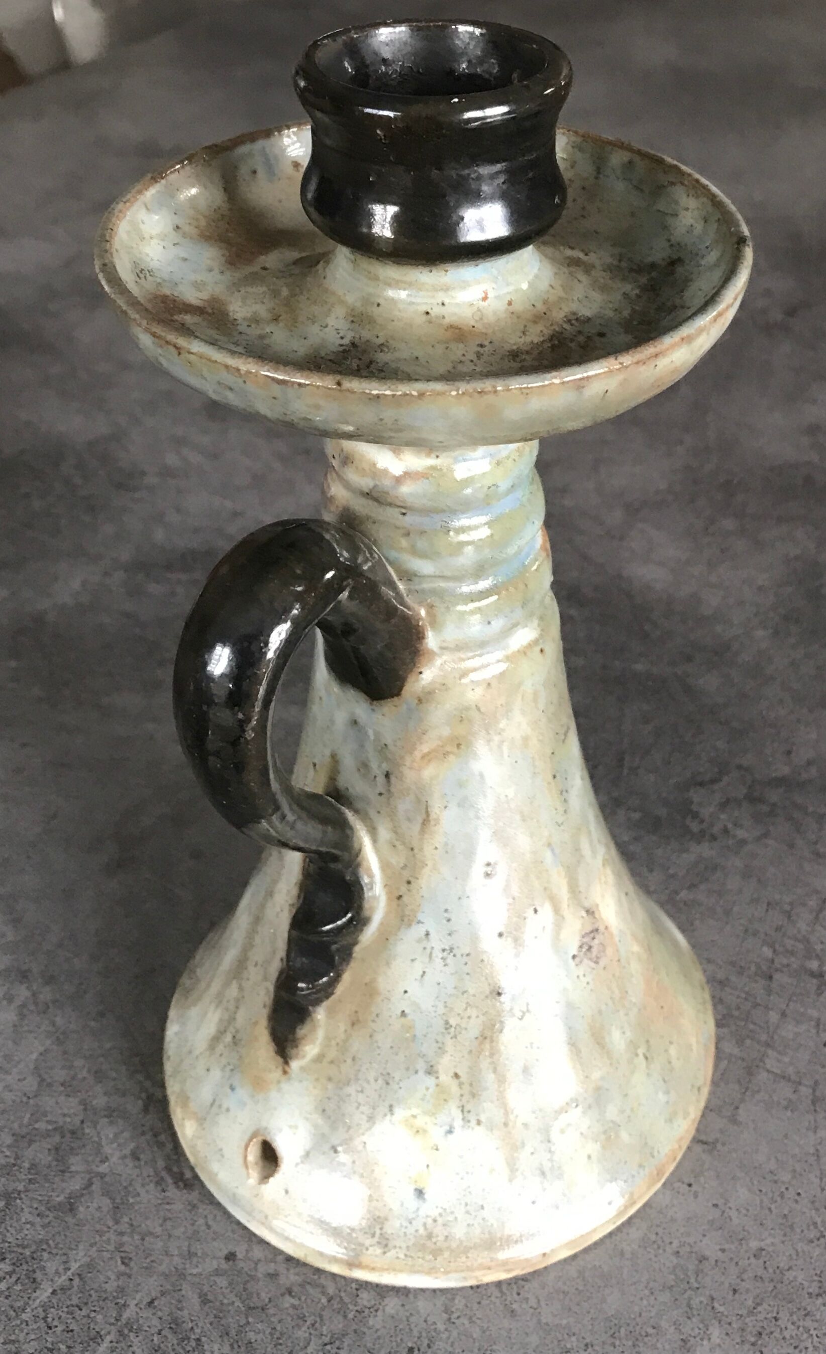 Candle holder old sandstone blue glazed bouffioulx signed dubois décor de lys