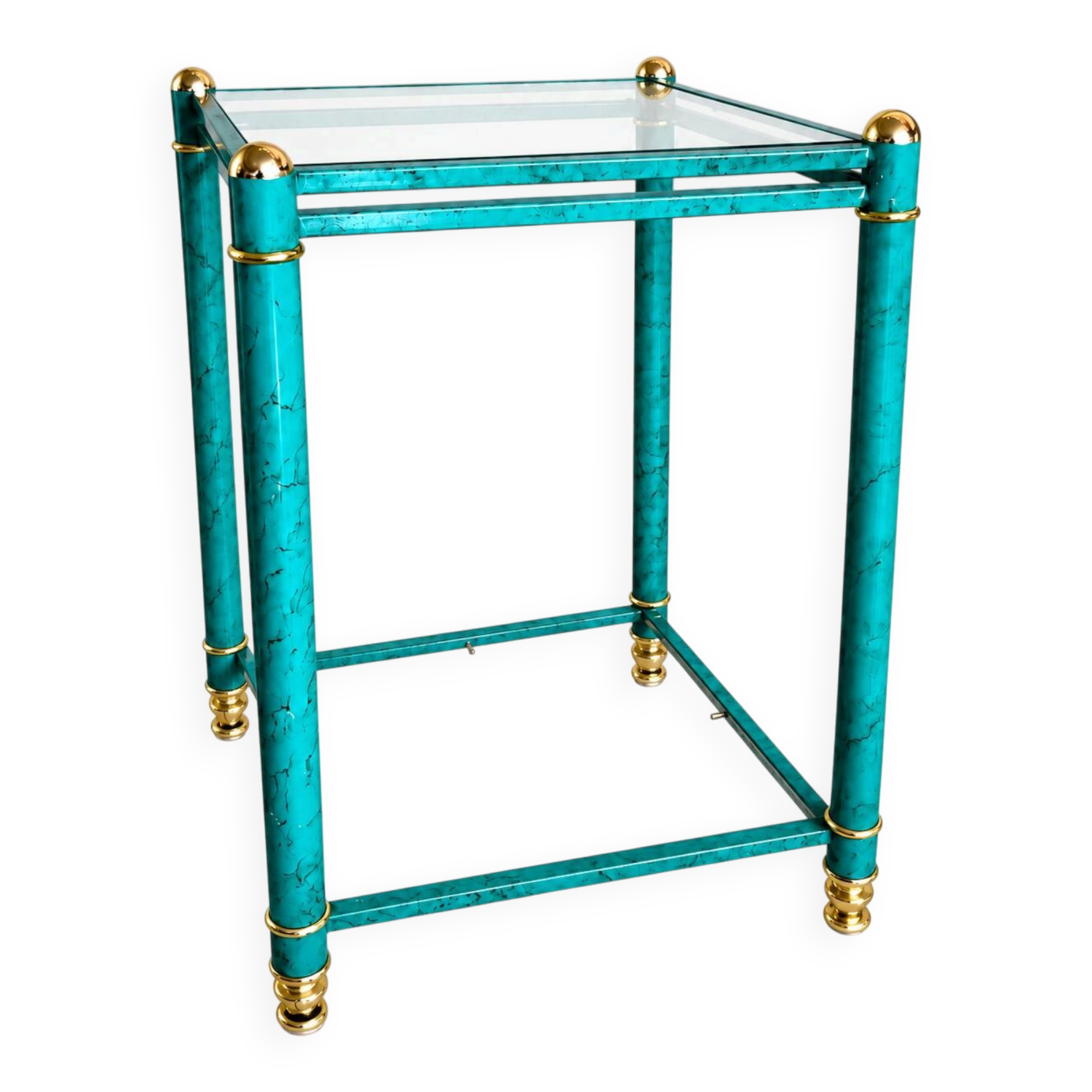 Hollywood Regency Faux Malachite Side Table with Glass Shelves