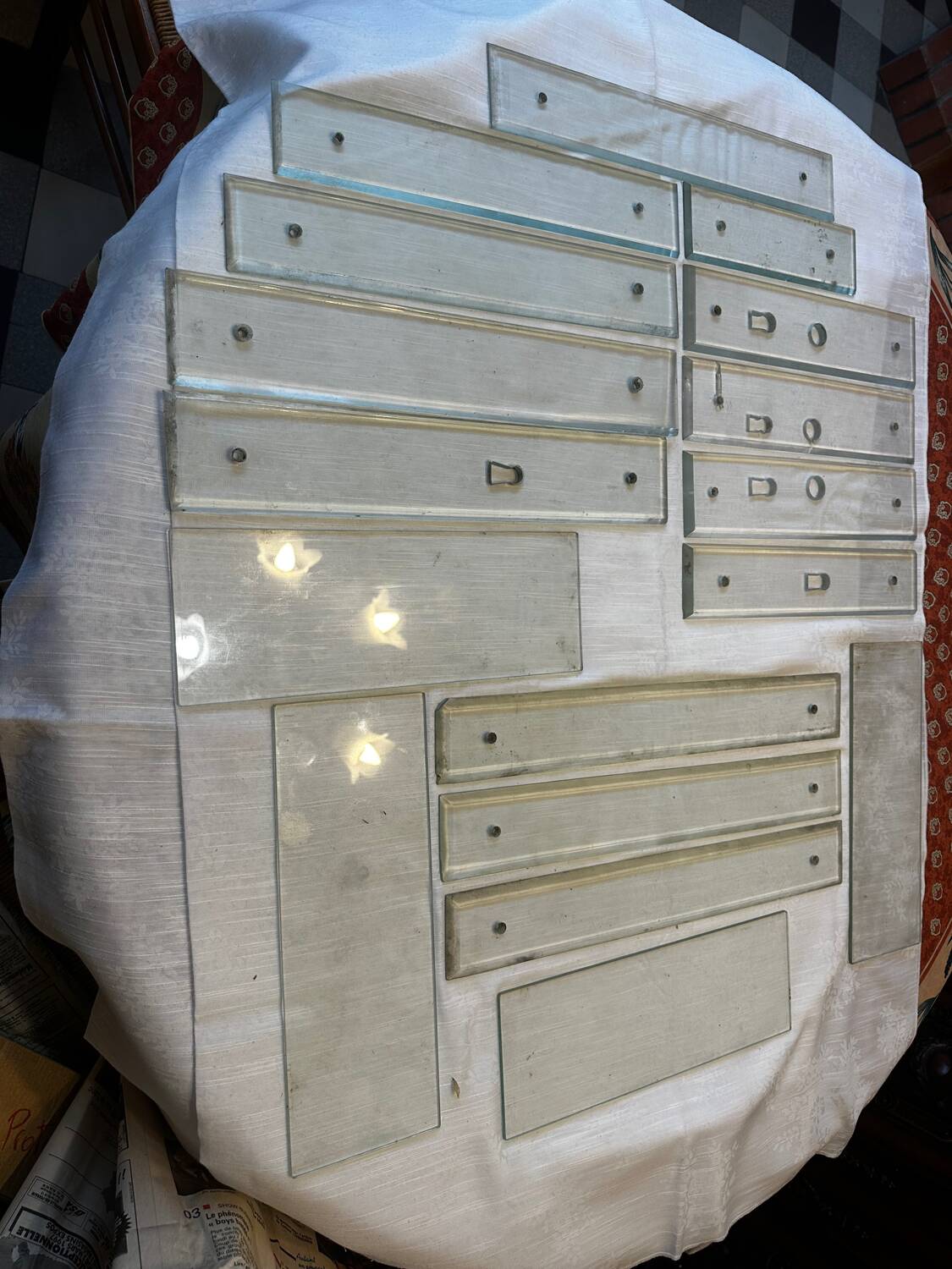 11 bevelled glass cleanliness plaques + 4 Art Deco glass plaques