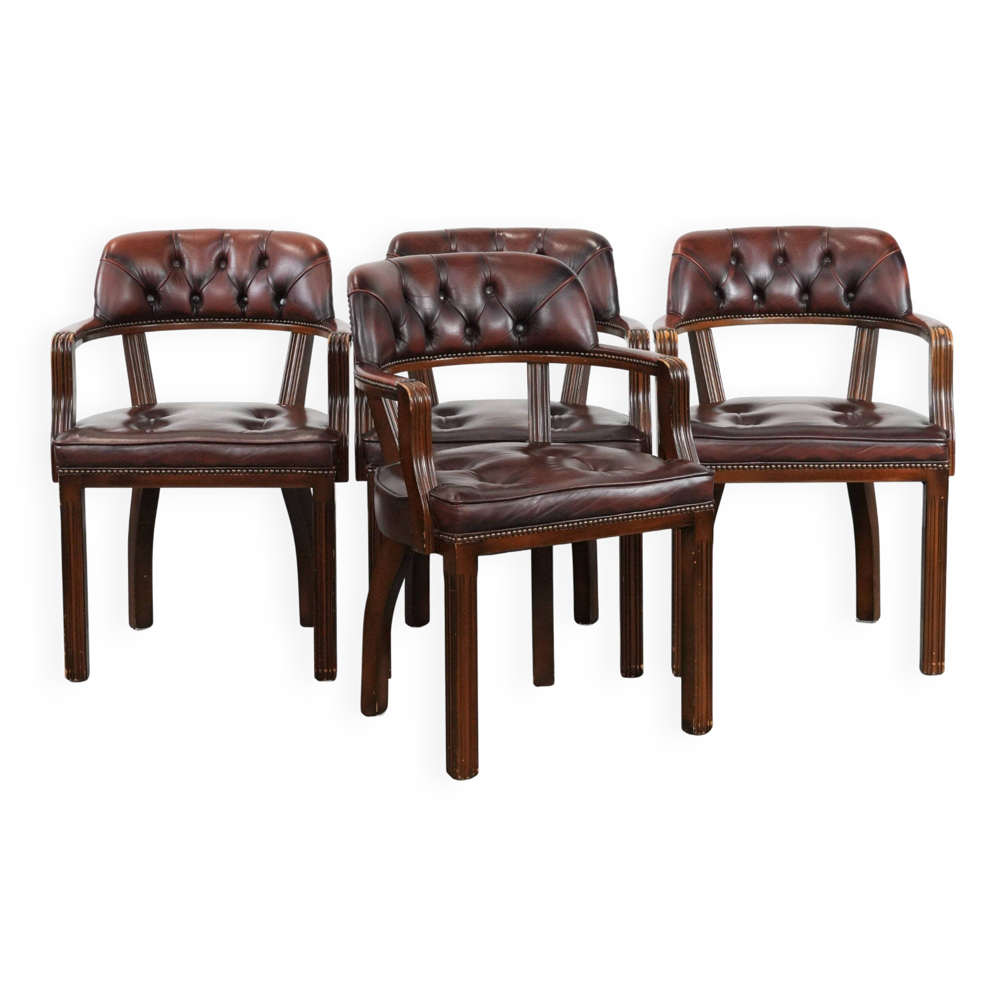 Set of four cowhide leather Chesterfield dining chairs in English style