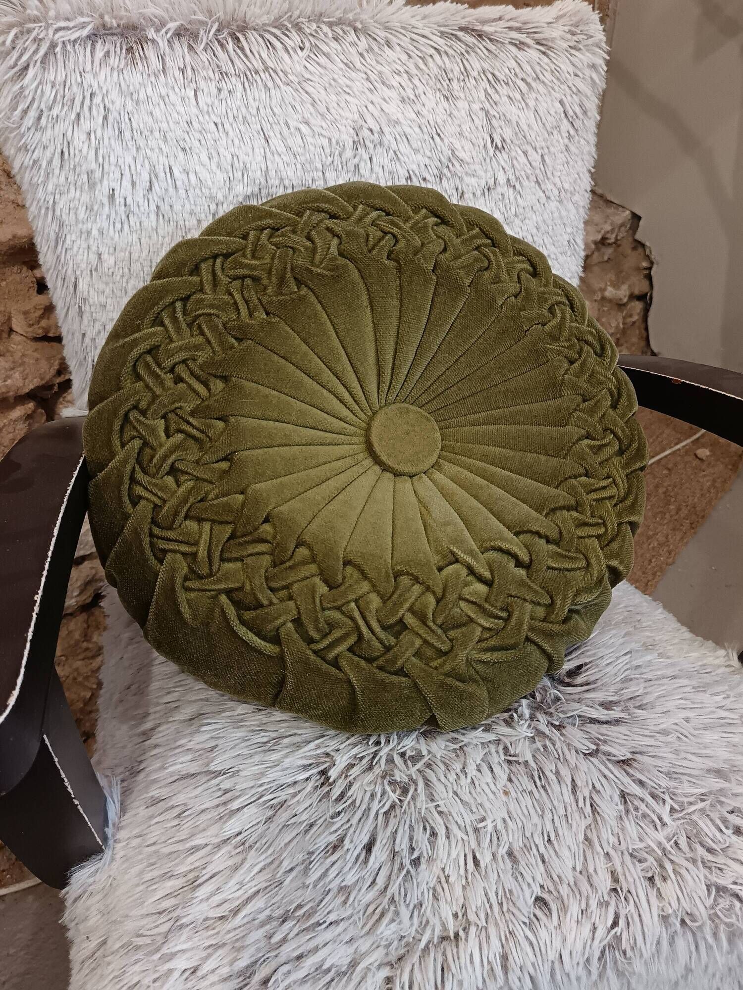 Vintage khaki velvet cushion in new condition.