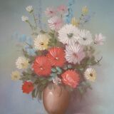 Tableau bouquet de fleurs multicolores peinture huile sur toile signé domberg
