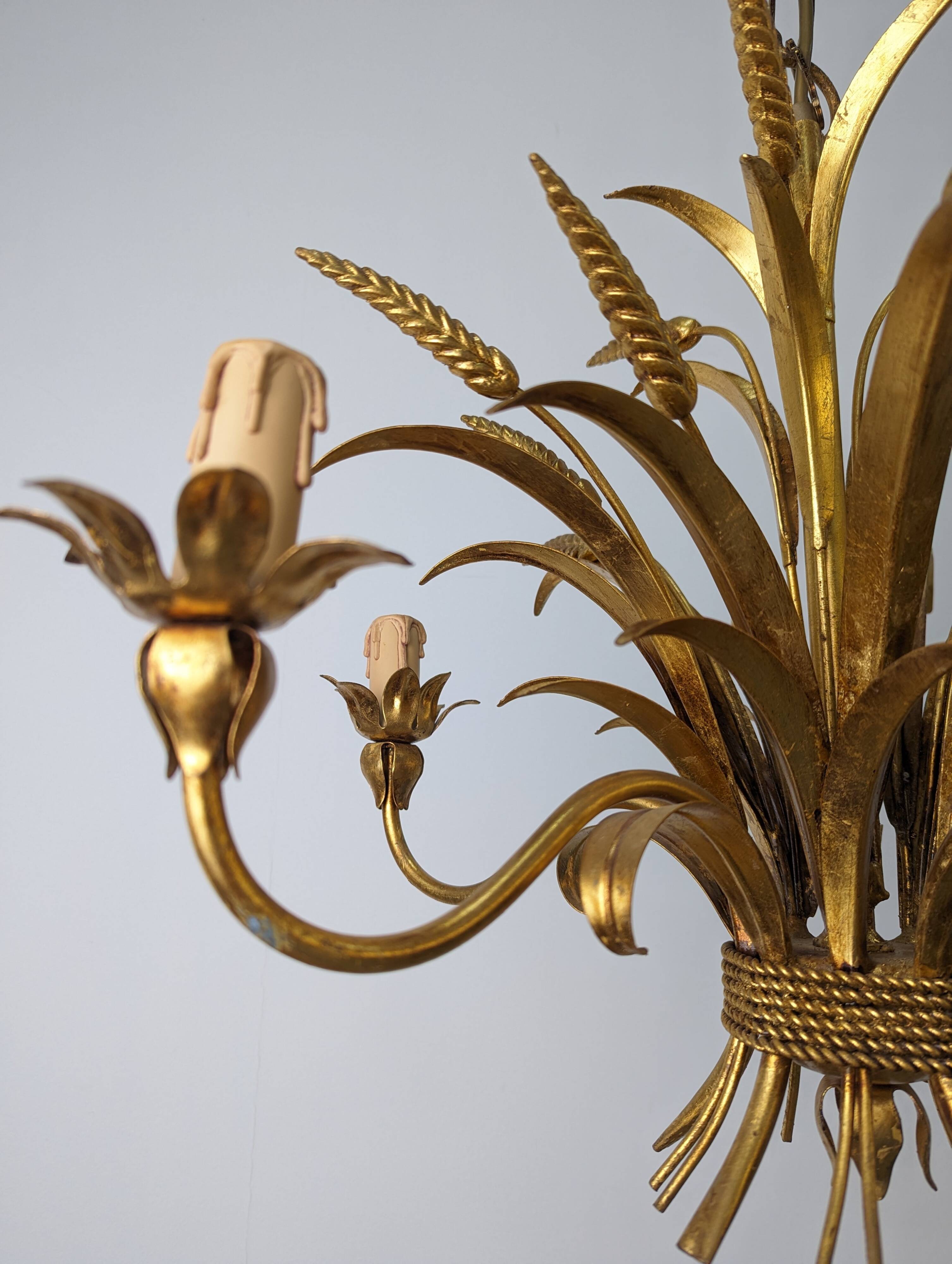 Italian Chandelier Pendant Lamp, Gilt Metal, 1970s