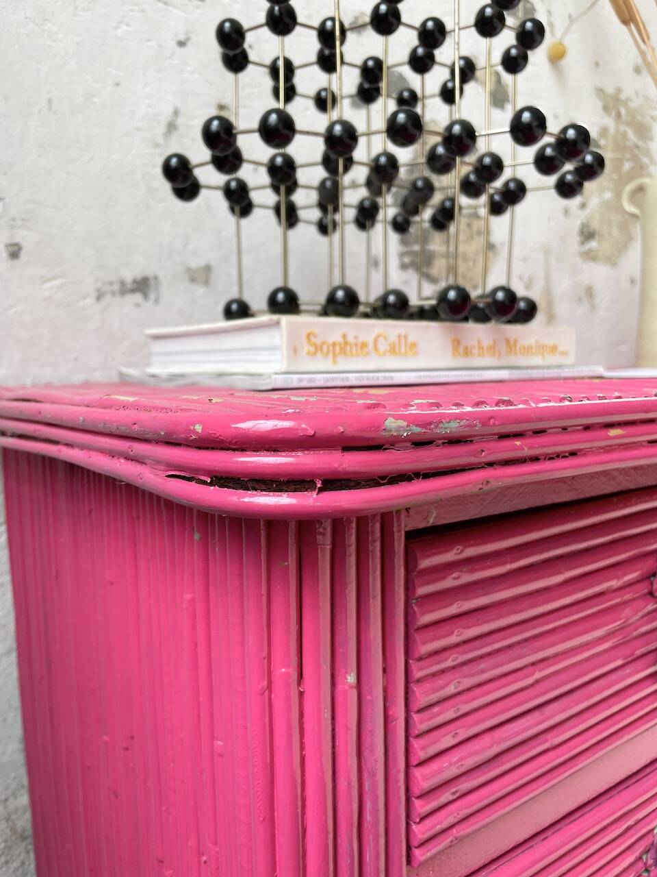 Vintage pink rattan chest of drawers