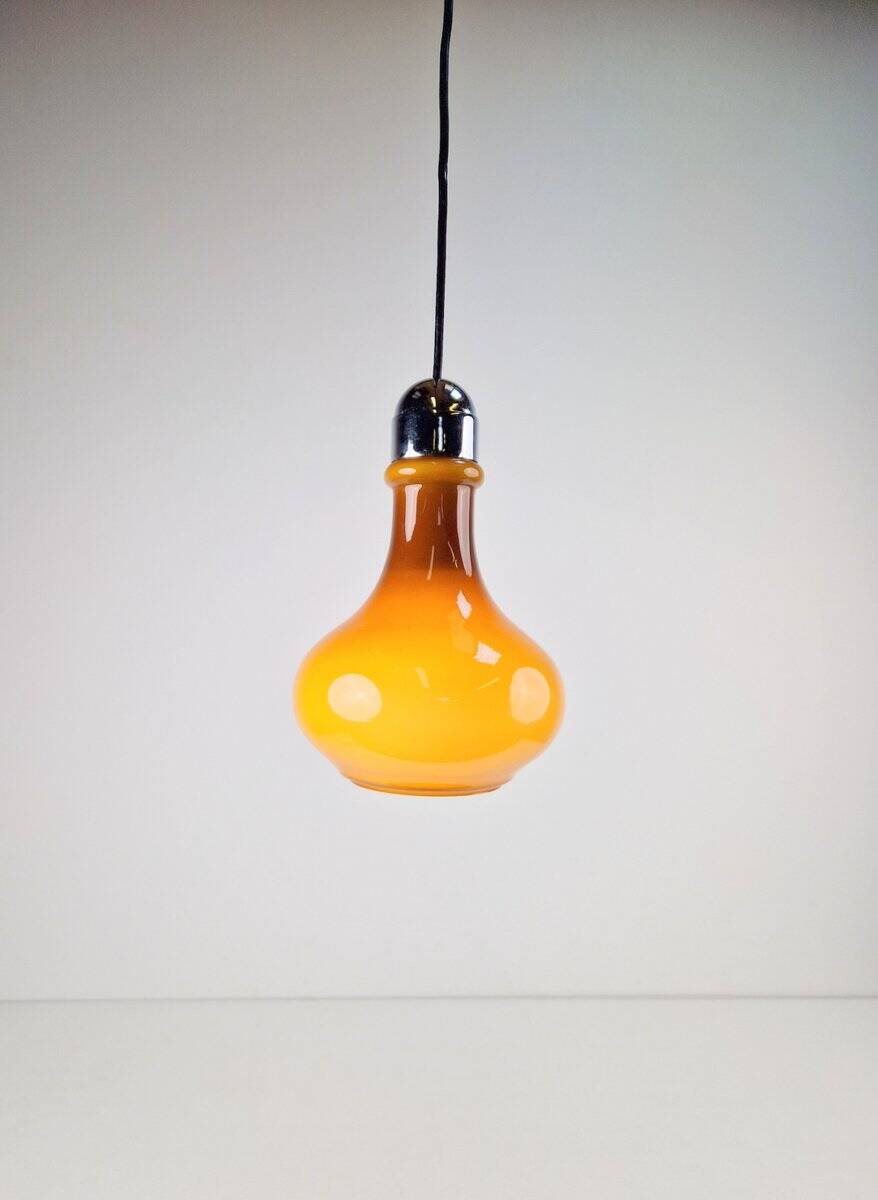Vintage Scandinavian Drop Pendant Lamp in Brown Opal Glass and Chrome from Peill & Putzler, 1960s