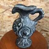 Old pitcher ewer gray ceramic signed vintage tableware