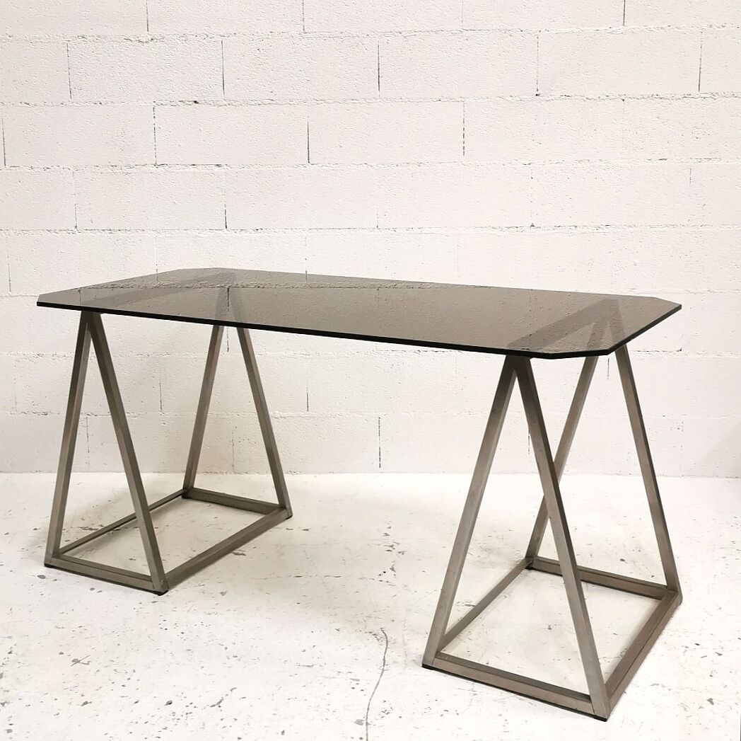 Bureau à tréteaux inox et verre, 1970