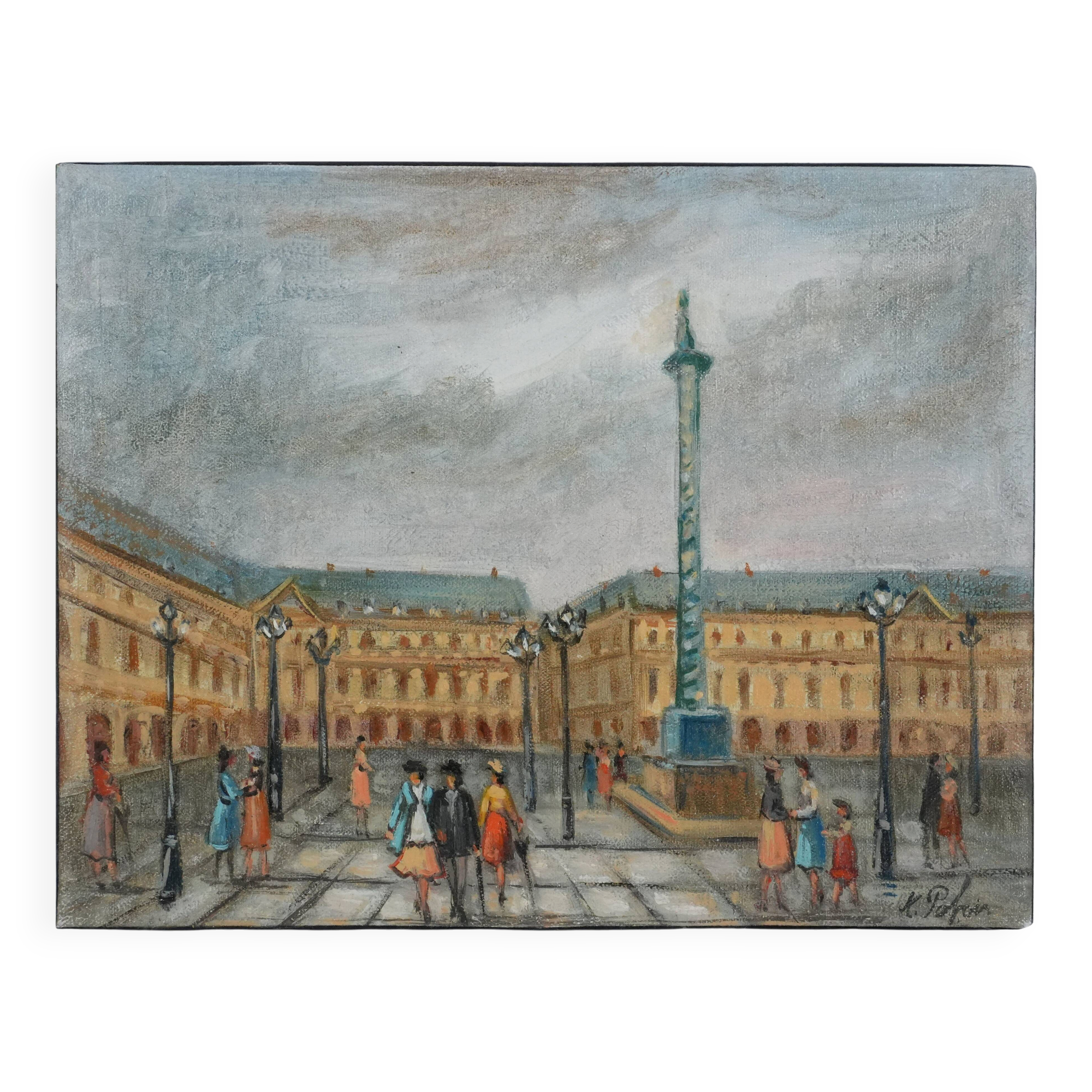 Michel Pabois : Paris, la place Vendôme, huile sur toile originale signée