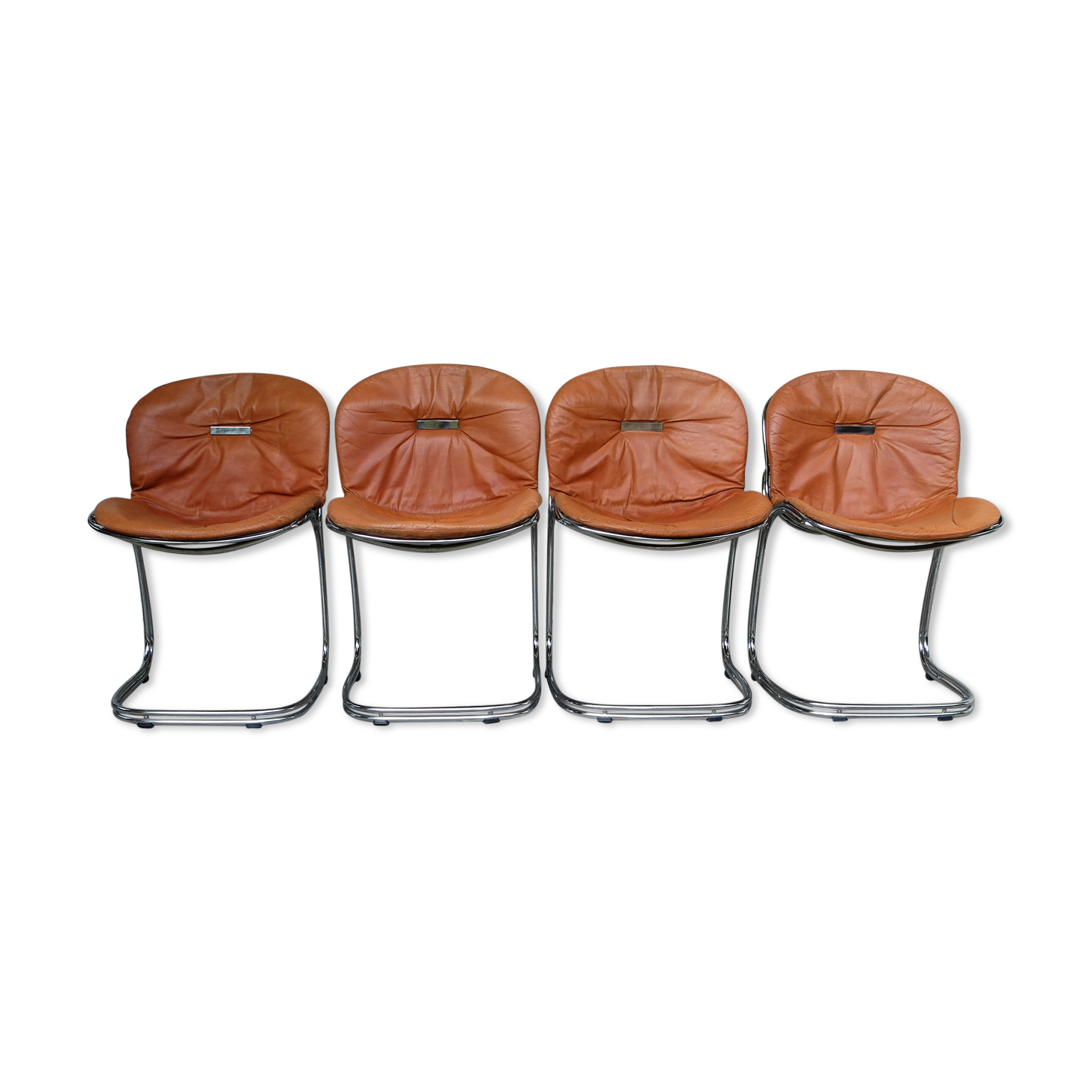 Series of 4 chairs Sabrina design Gastone Rinaldi for Rima, tawny leather, 1970
