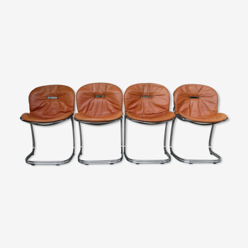 Series of 4 chairs Sabrina design Gastone Rinaldi for Rima, tawny leather, 1970