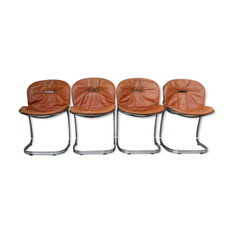 Series of 4 chairs Sabrina design Gastone Rinaldi for Rima, tawny leather, 1970