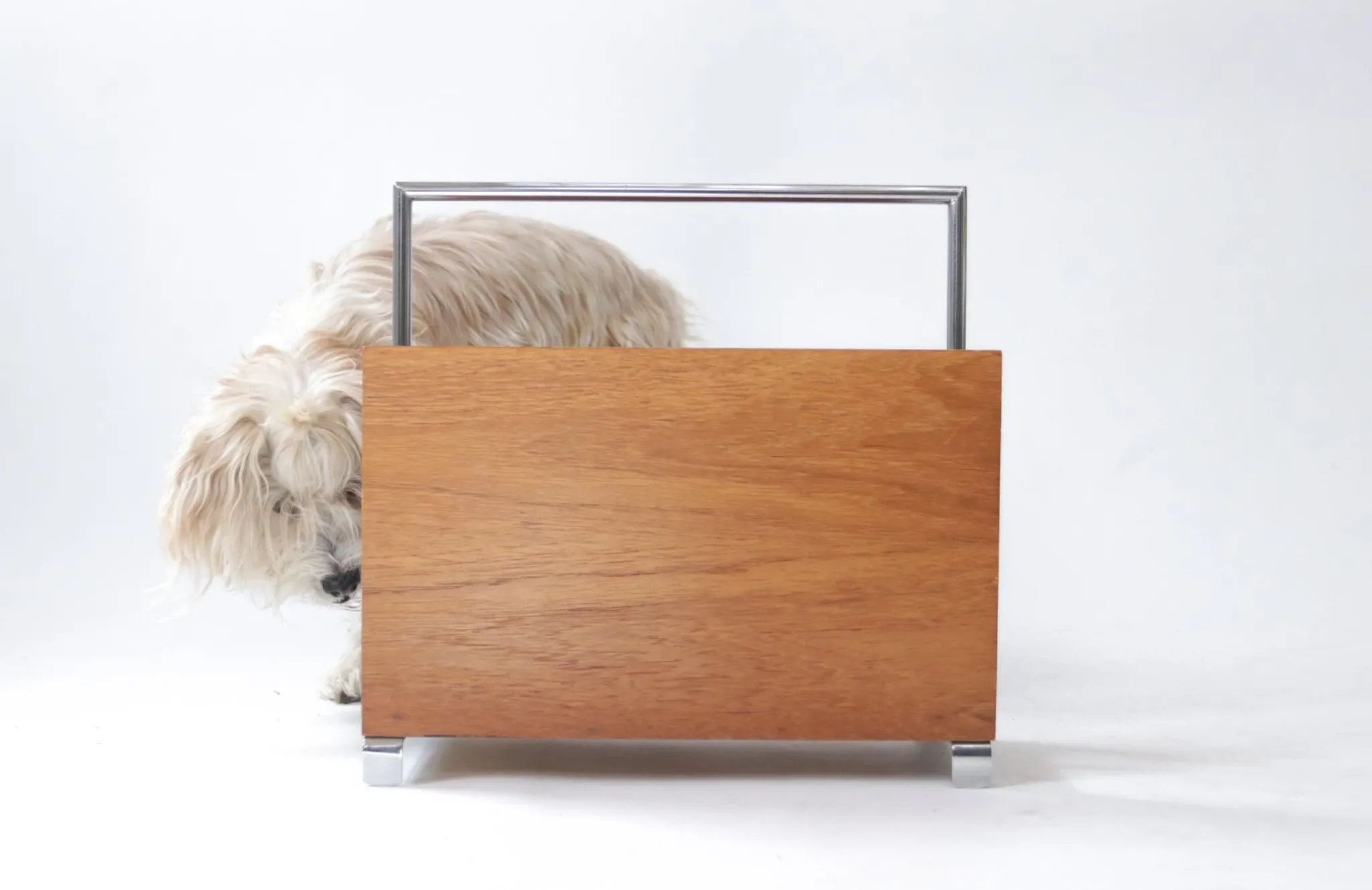 Mid-century modern magazine rack, teak and chrome, 1960s