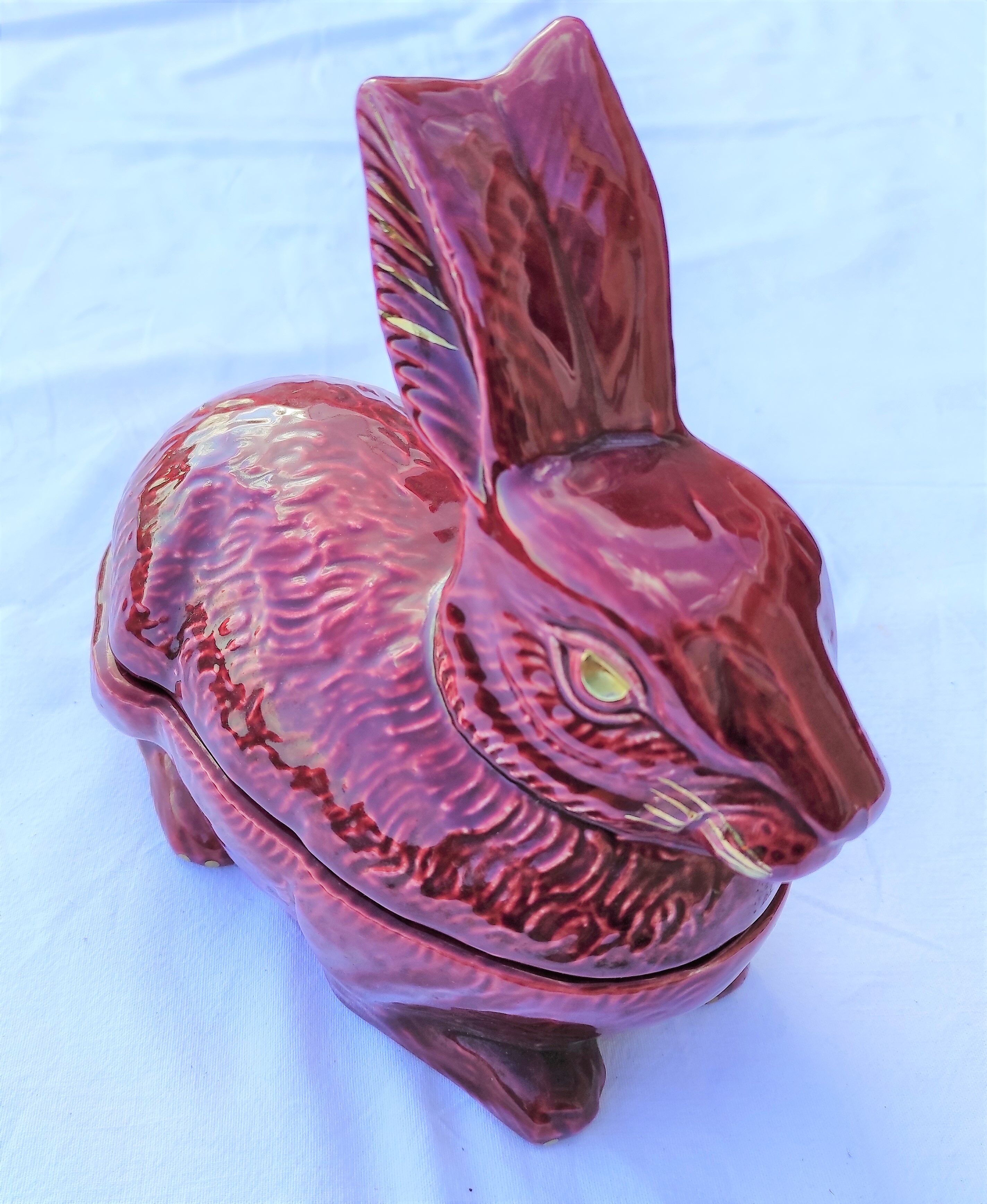 Ceramic terrine model rabbit dark red vintage