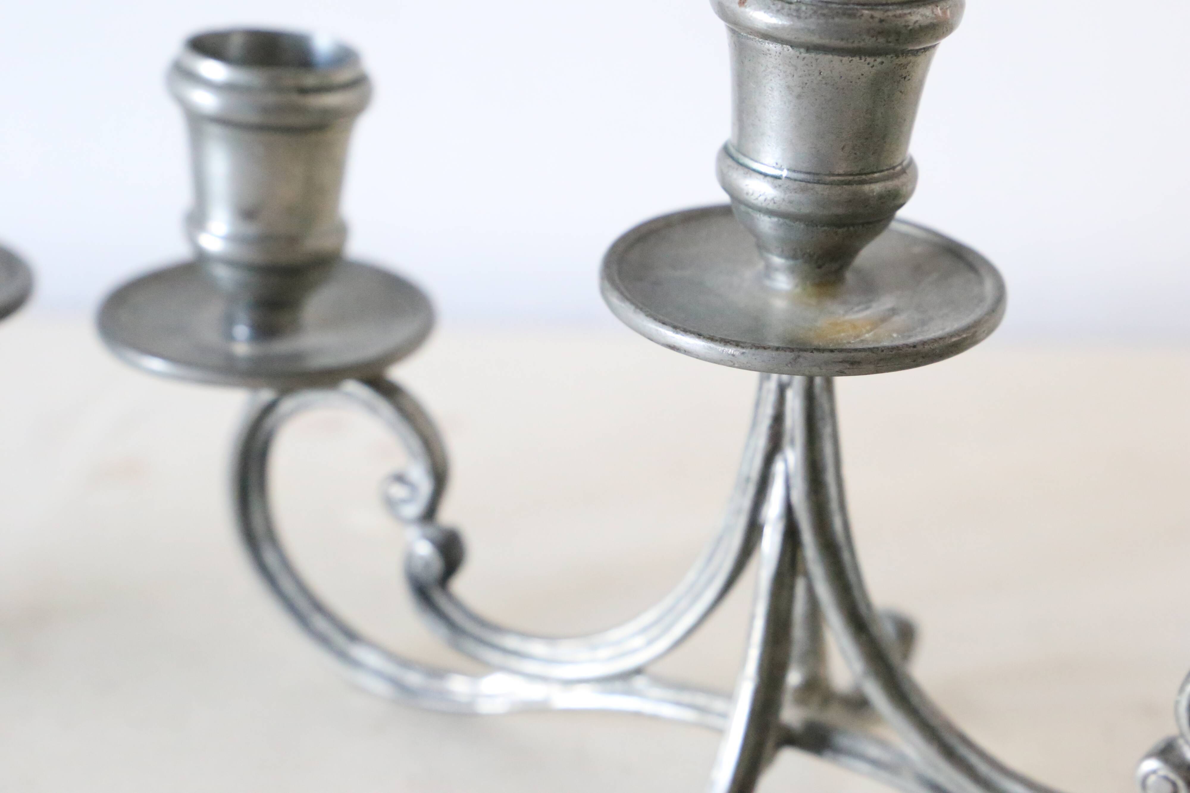Duo of tin candlesticks, 3 lights, Gothic motifs, vintage