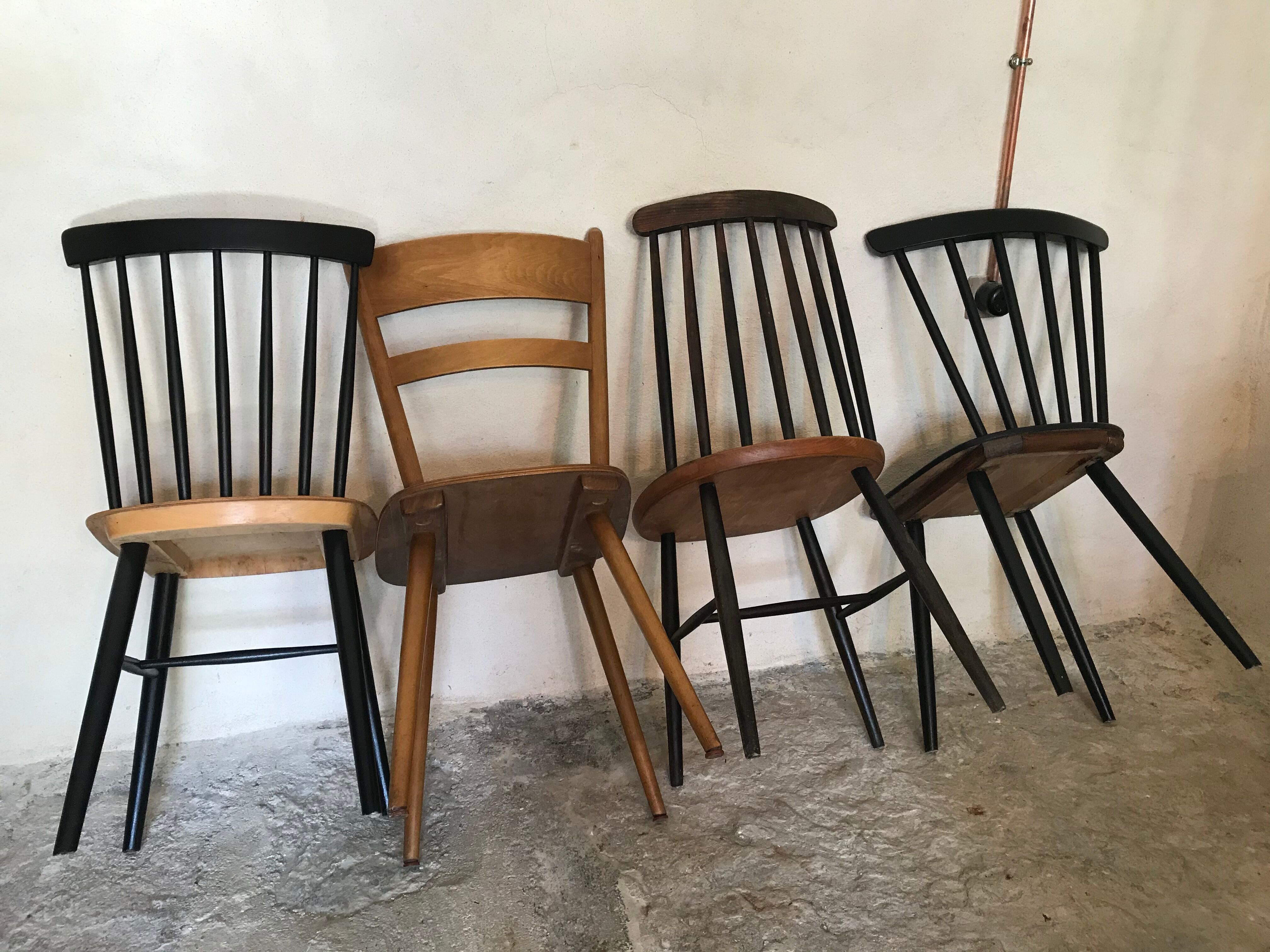 Set of 4 mismatched vintage chairs compass feet