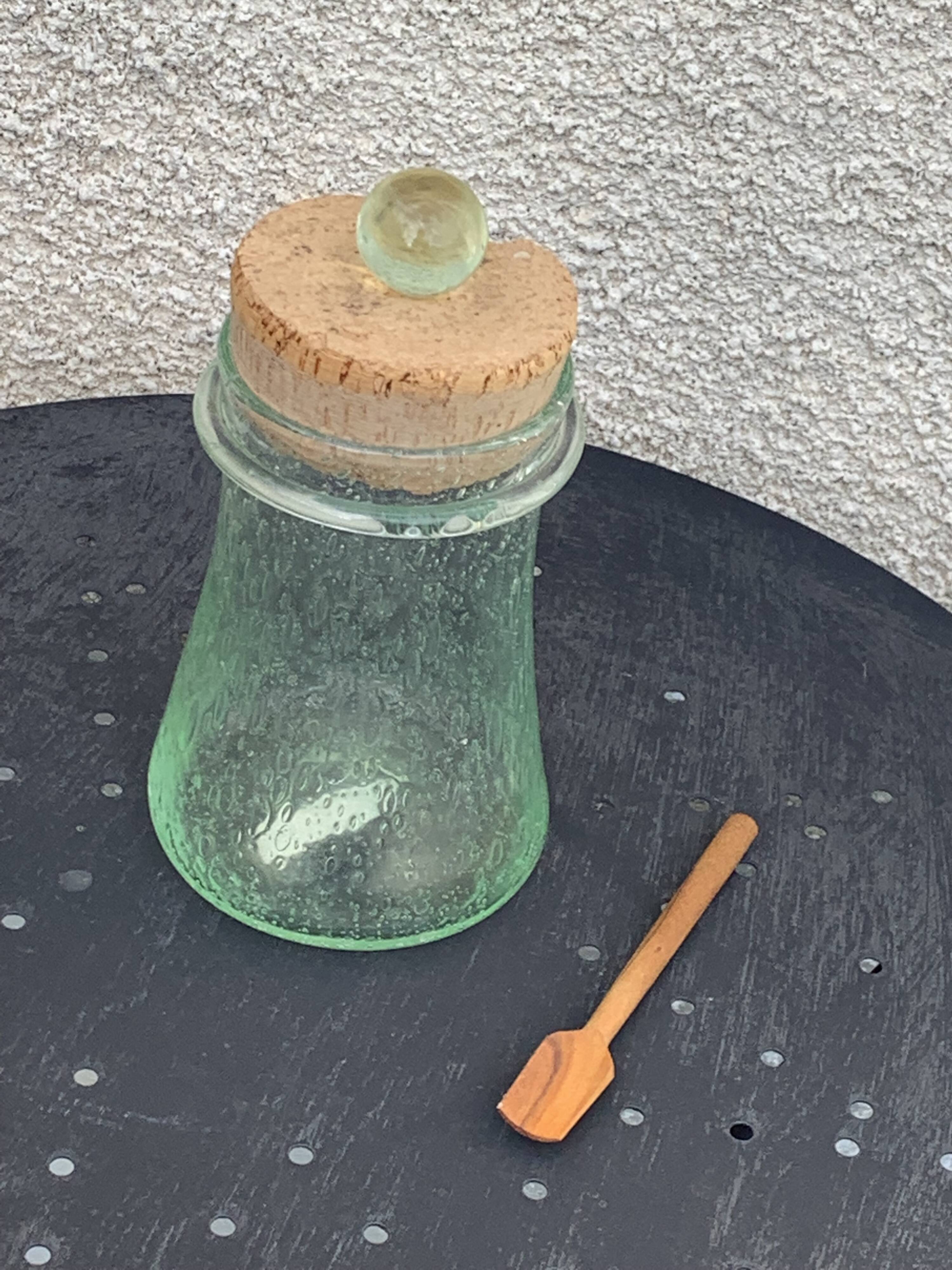 Olive or pickle jar in Biot bubble glass, hand-blown